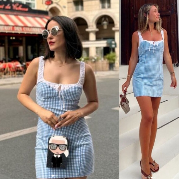 Zara combination gingham dress Blue - Picture 1 of 8